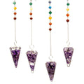 Pendules orgonite amethyste avec chaîne chakra multicolore pour radiesthésie et équilibre énergétique