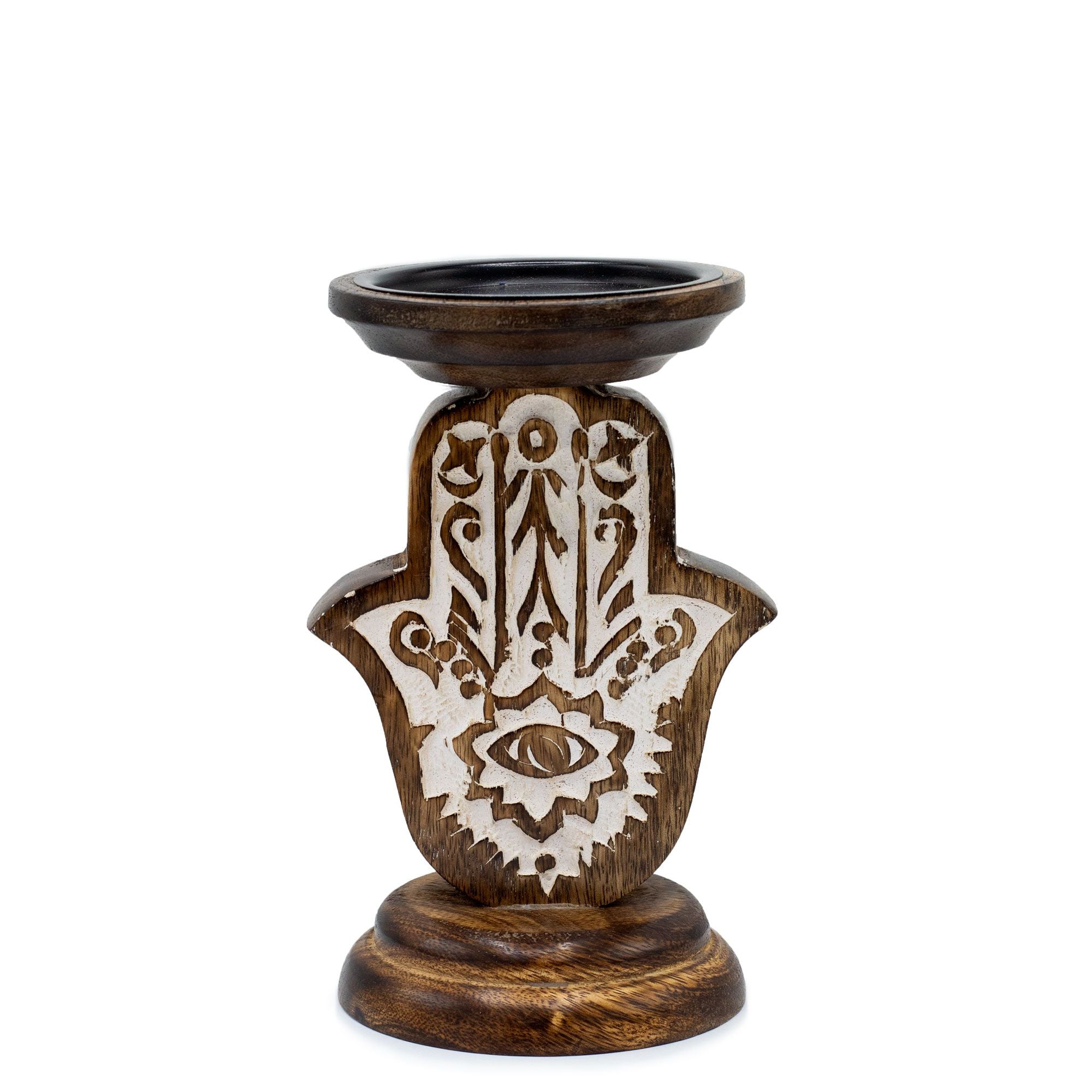 Bougeoir main de Fatma en bois de manguier 18x11 cm symbole protection spirituelle