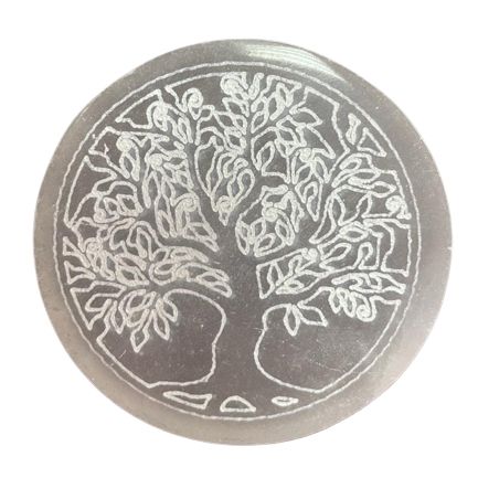 Plaque en selenite avec symbole arbre de vie pour ancrage energie stabilite et croissance spirituelle