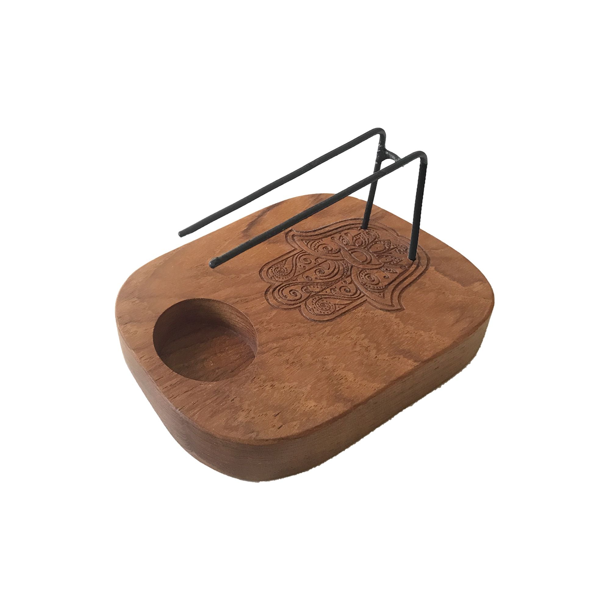 Porte palo santo en bois de teck avec symbole main de fatma gravé, support pour encens et fumigation