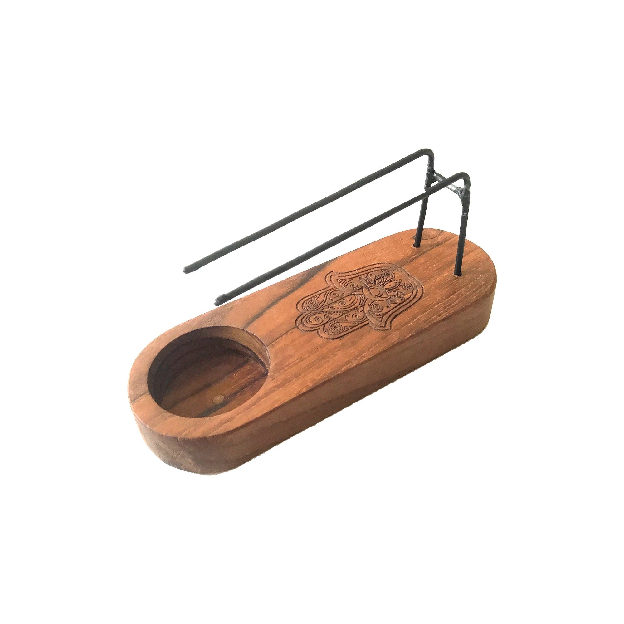 Support palo santo en bois de teck avec symbole hamsa gravé, porte encens et bâtons de fumigation