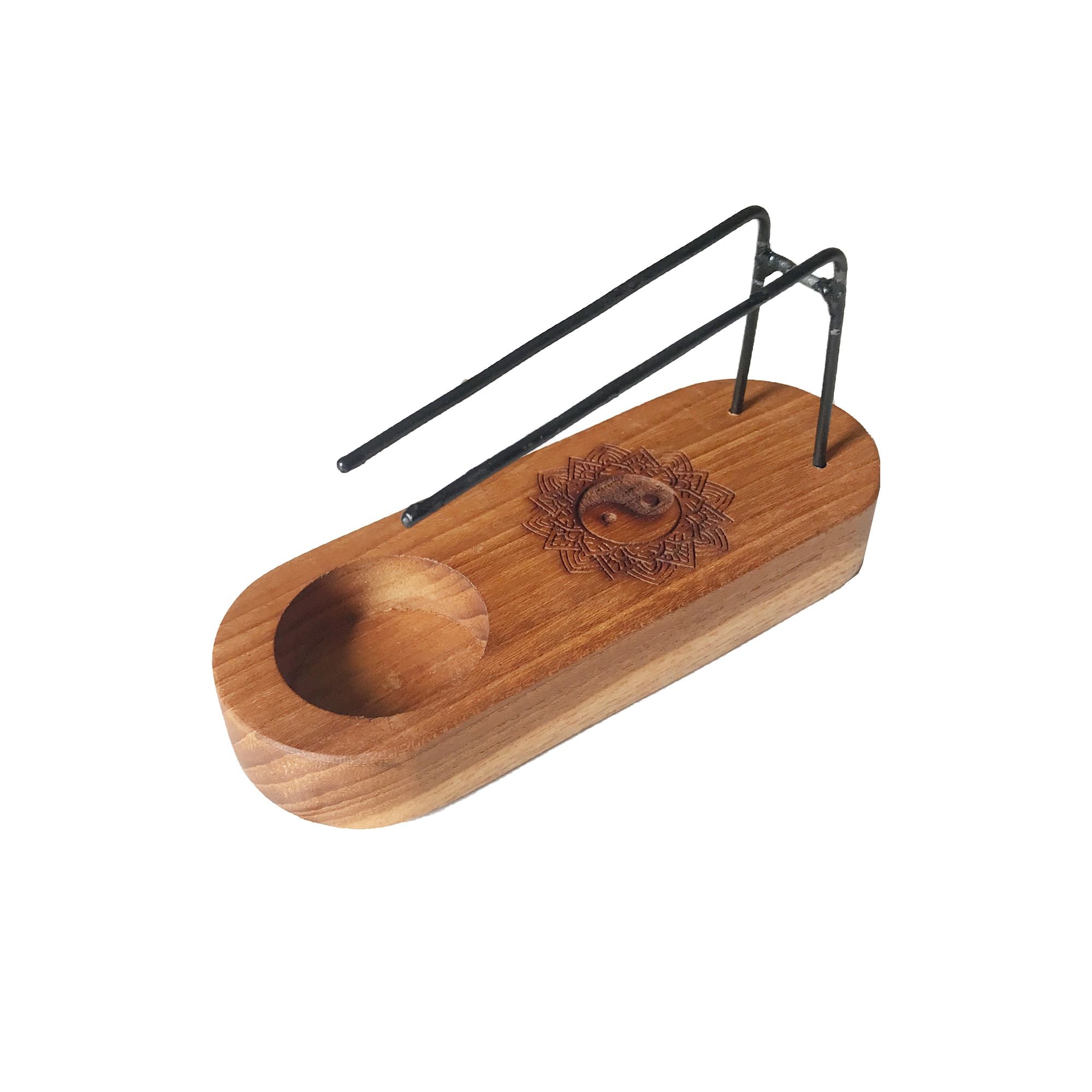 Support palo santo en bois de teck avec gravure yin yang, porte encens et bâtons de fumigation