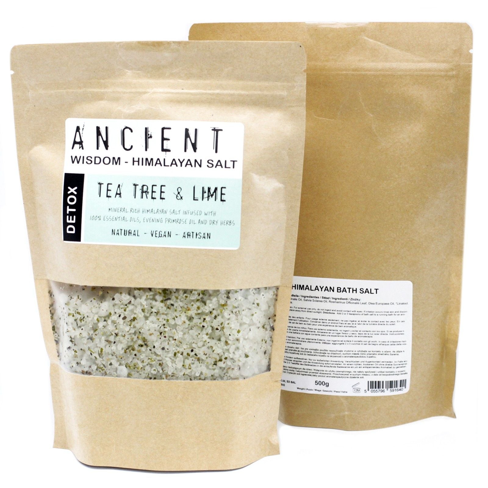 Sachet de sel de bain Himalaya detox 500g avec huiles essentielles d'arbre à thé et citron vert pour purification