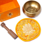 Bol chantant tibétain 5 bouddha avec coffret orange, coussin et maillet en bois pour pratique méditative