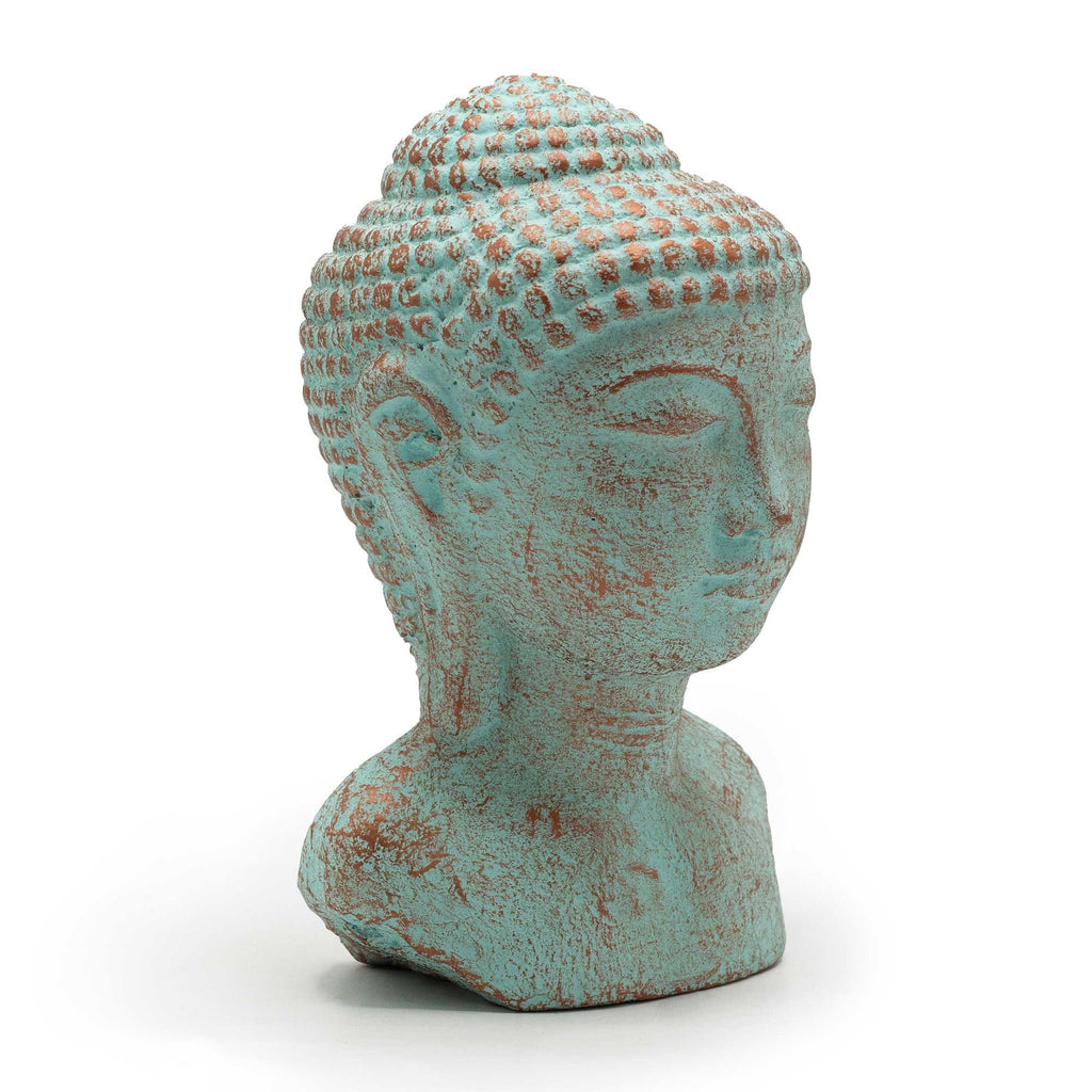 statue tête bouddha vert cuivre profil décoration méditation