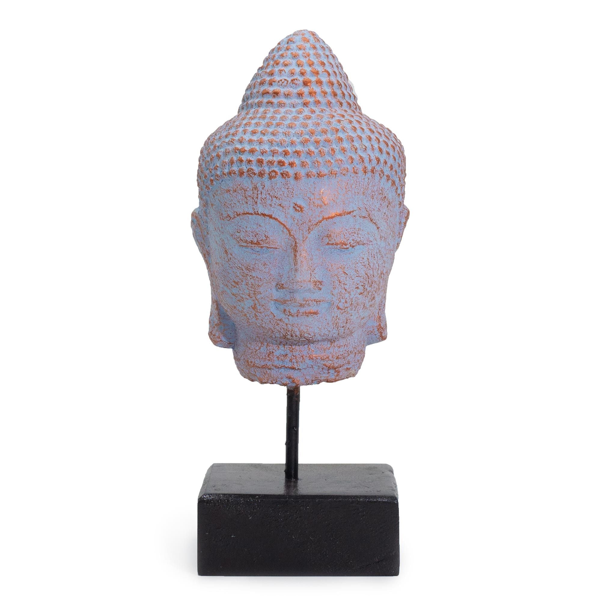 statue tete bouddha bleue cuivre sur socle decoration zen calme