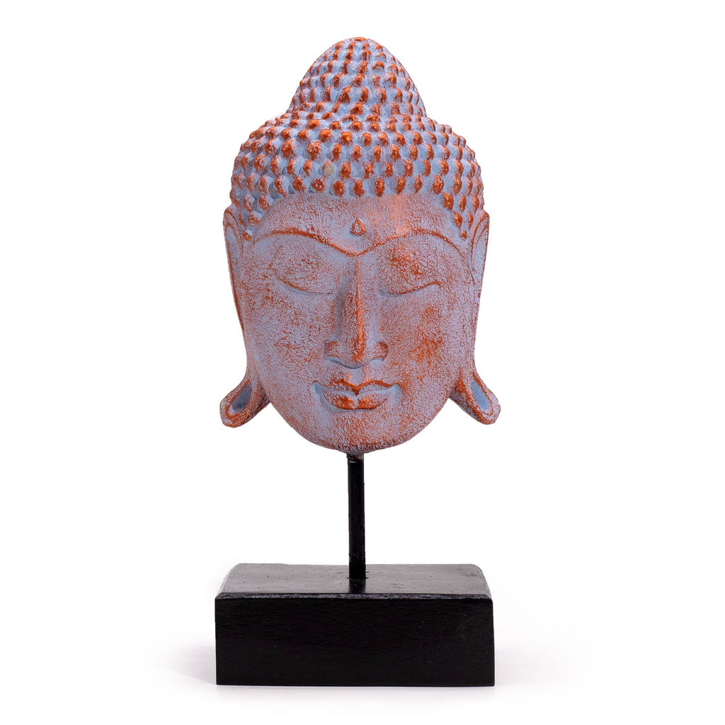 statue tete bouddha bleue cuivre sur socle decoration zen serenite