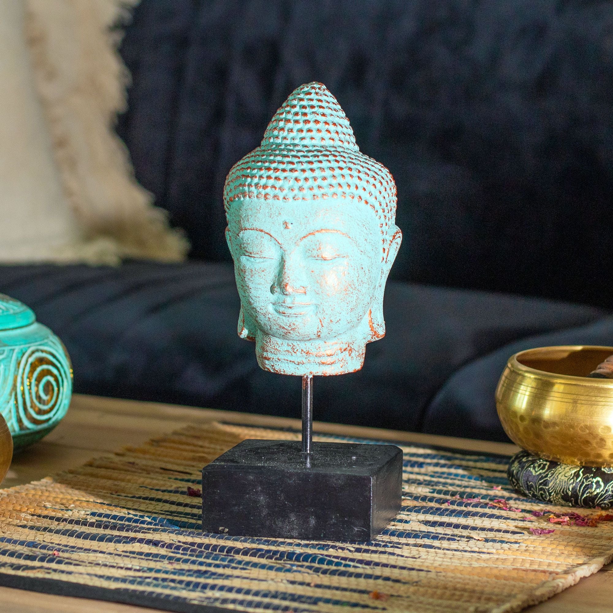 statue bouddha verte cuivre decoration salon ambiance zen