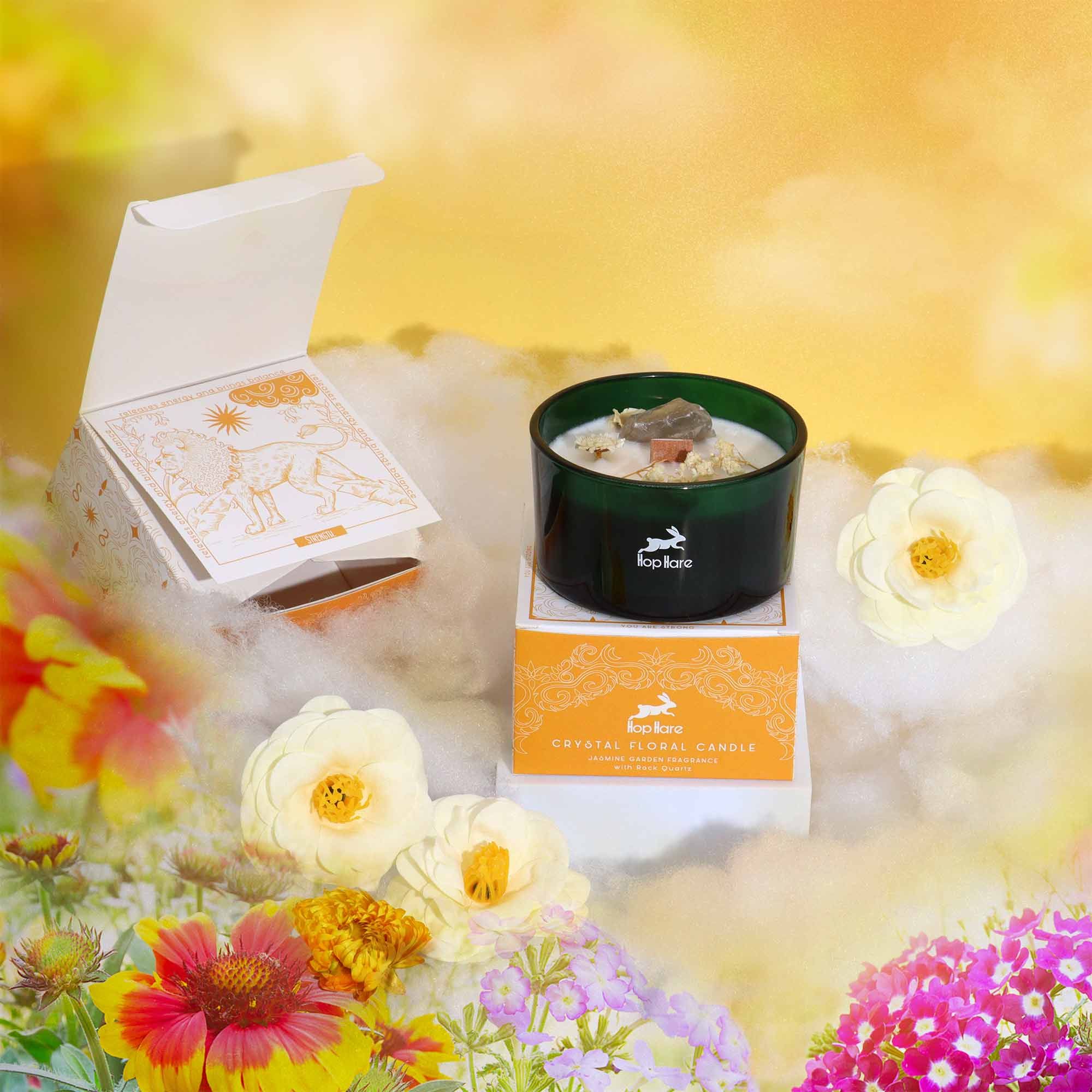 Bougie Cristal & Fleurs Séchées Jasmin | Ambiance Lion Vert