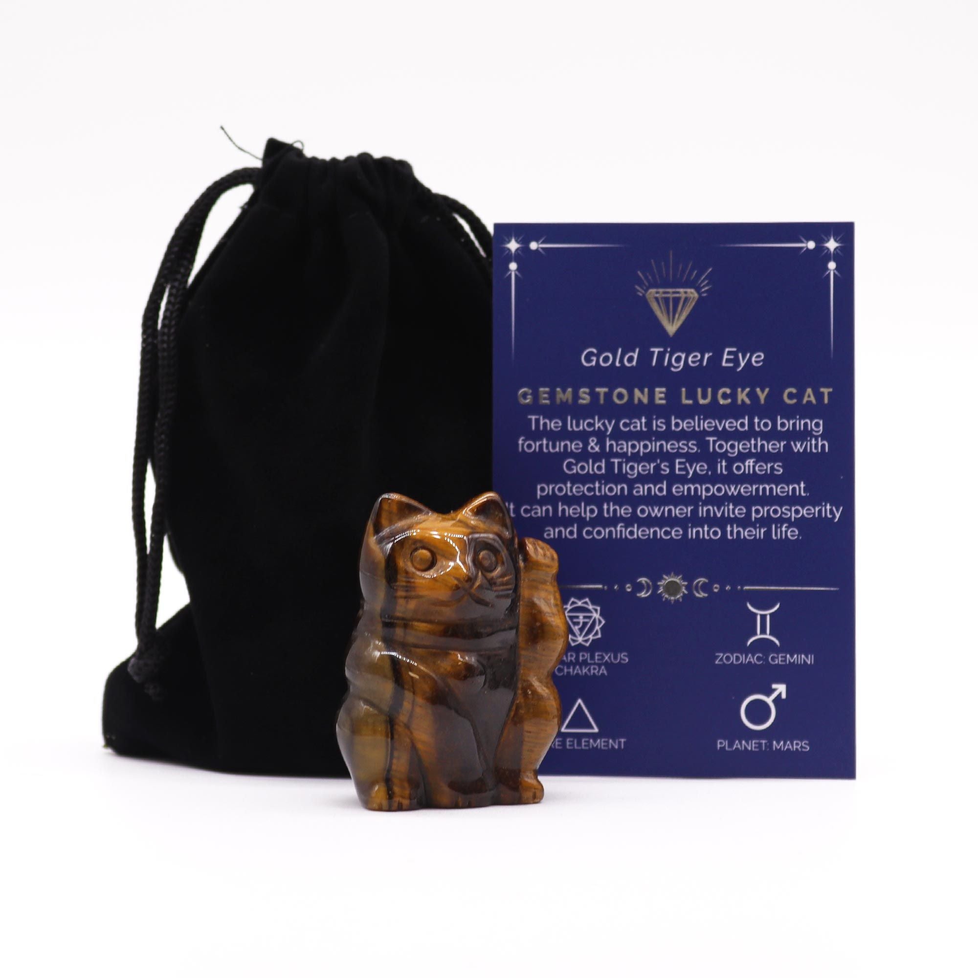 Statuette Chat Porte-Bonheur Œil de Tigre Doré | Décoration Zen