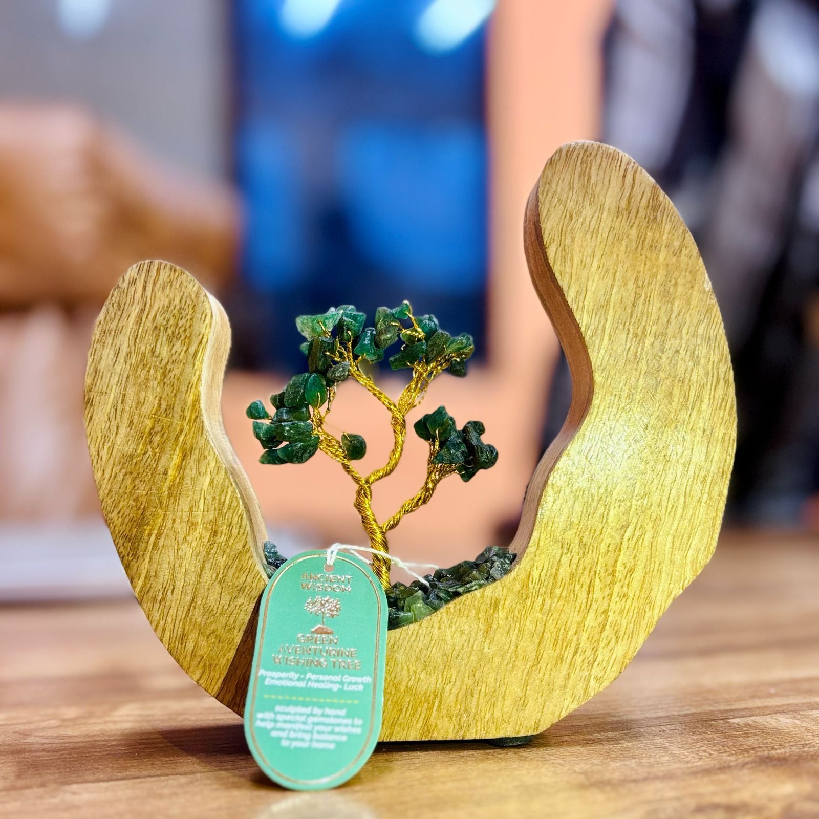 Arbre de Pierres Aventurine Verte | Bois de Manguier & 60 Éclats