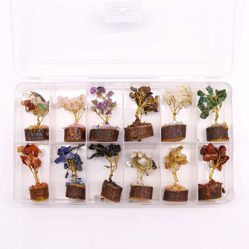 Arbres en Pierres Naturelles sur Socle Bois | Lot de 12 Mini Décorations Zen