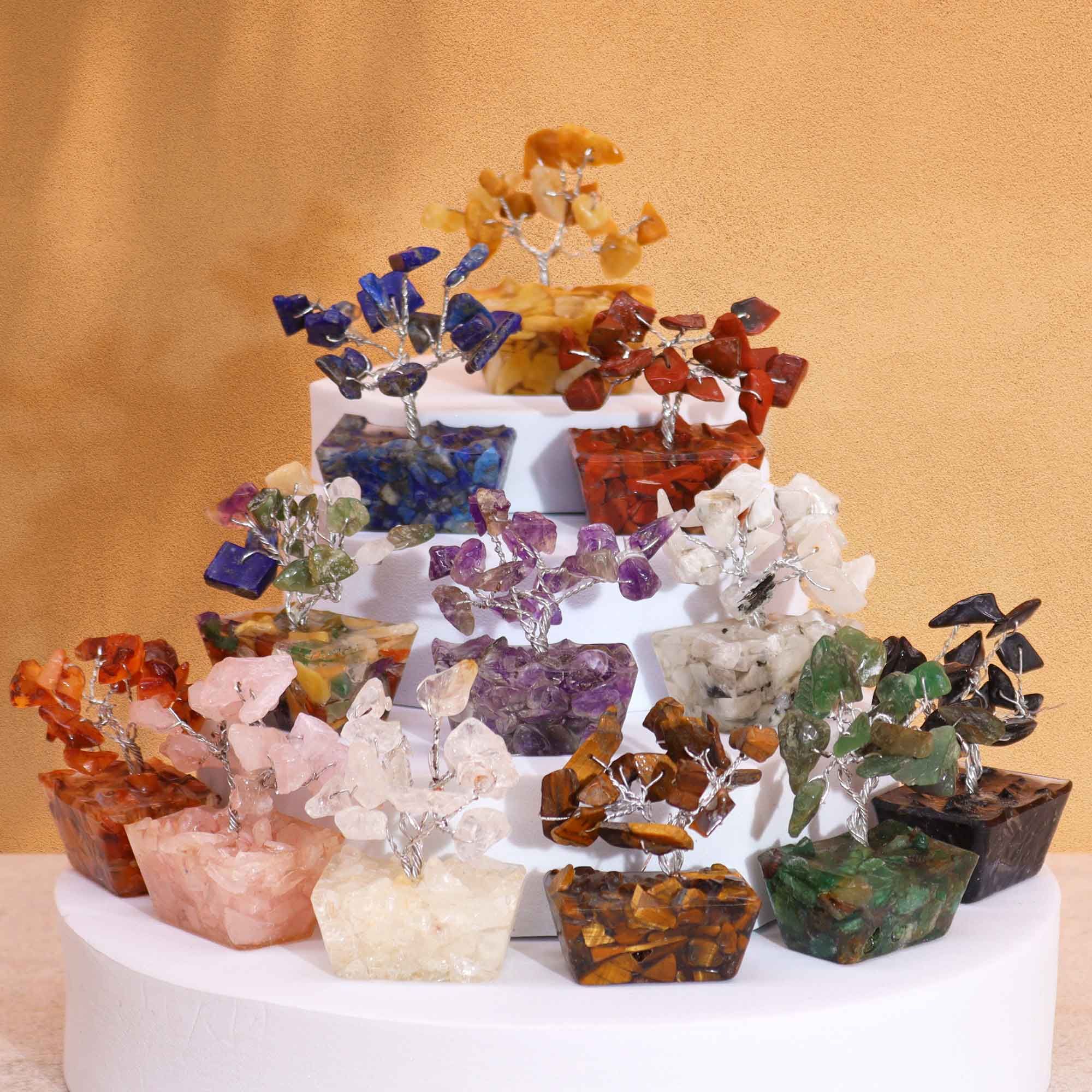 Coffret 12 Arbres de Pierres Naturelles sur Base Orgonite | Collection Zen