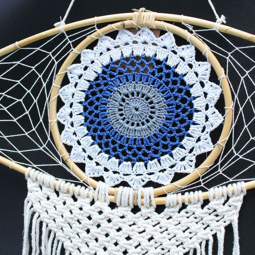 Attrape-Rêves Macramé Œil | Décoration Zen Blanc Bleu Gris