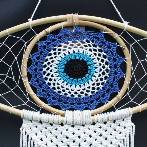 Atrapasueños de protección - Ojo turco grande de macramé azul/blanco/negro
