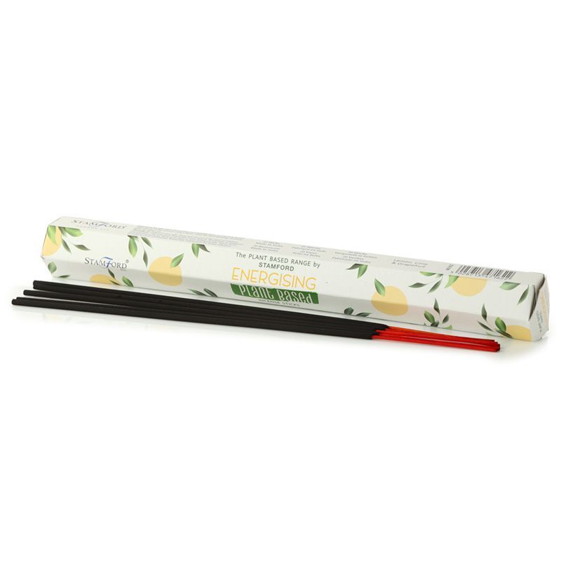 Boite de batonnets d encens naturels Stamford energisant avec support a encens et batonnets rouges dans une ambiance minimaliste et naturelle