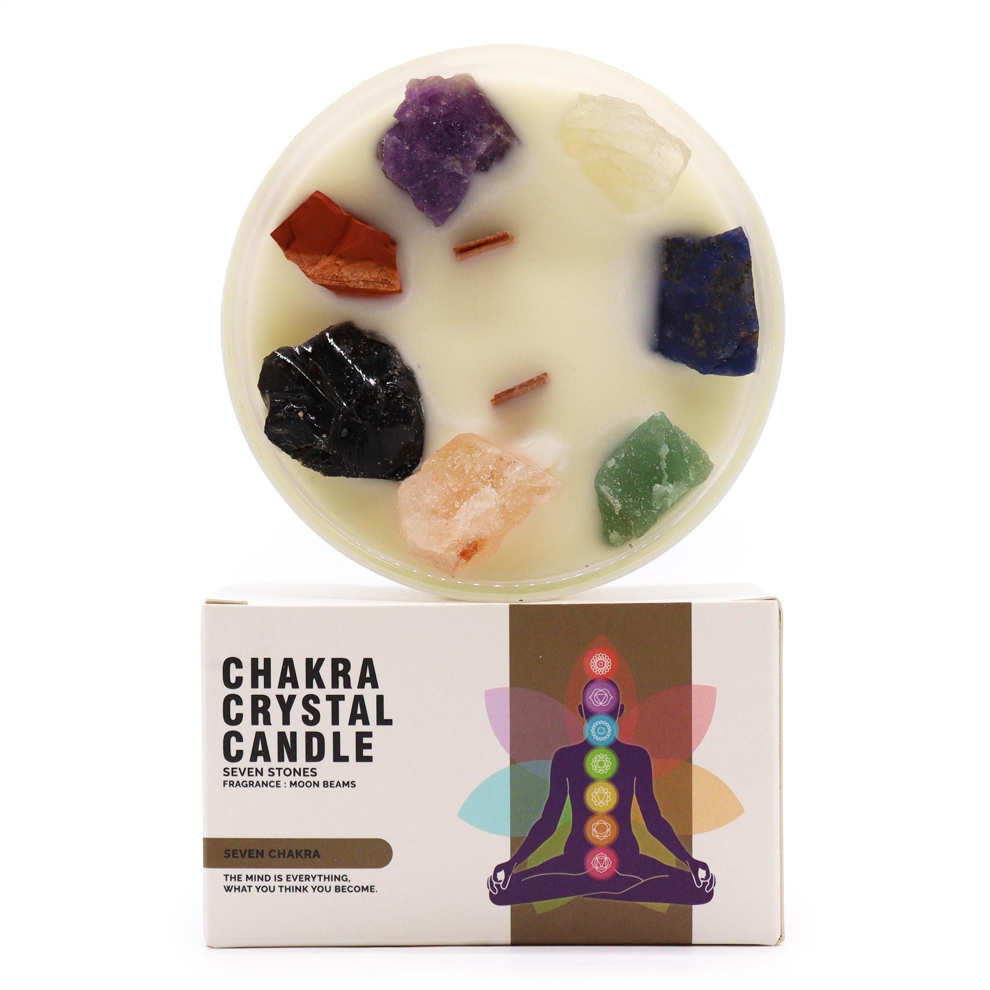 bougie energetique 7 chakras avec cristaux et carte spirituelle