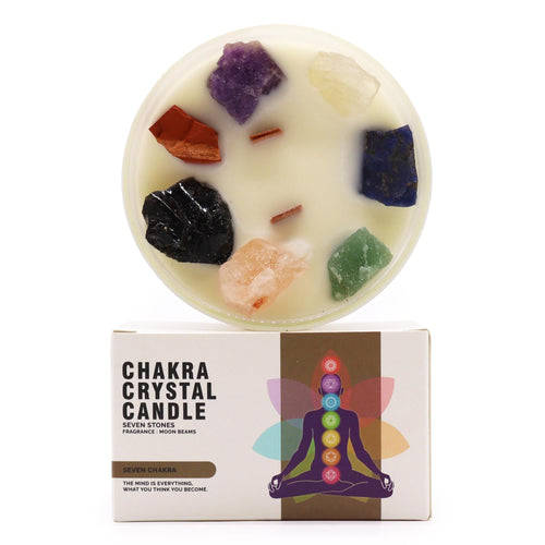 bougie energetique 7 chakras avec cristaux et carte spirituelle