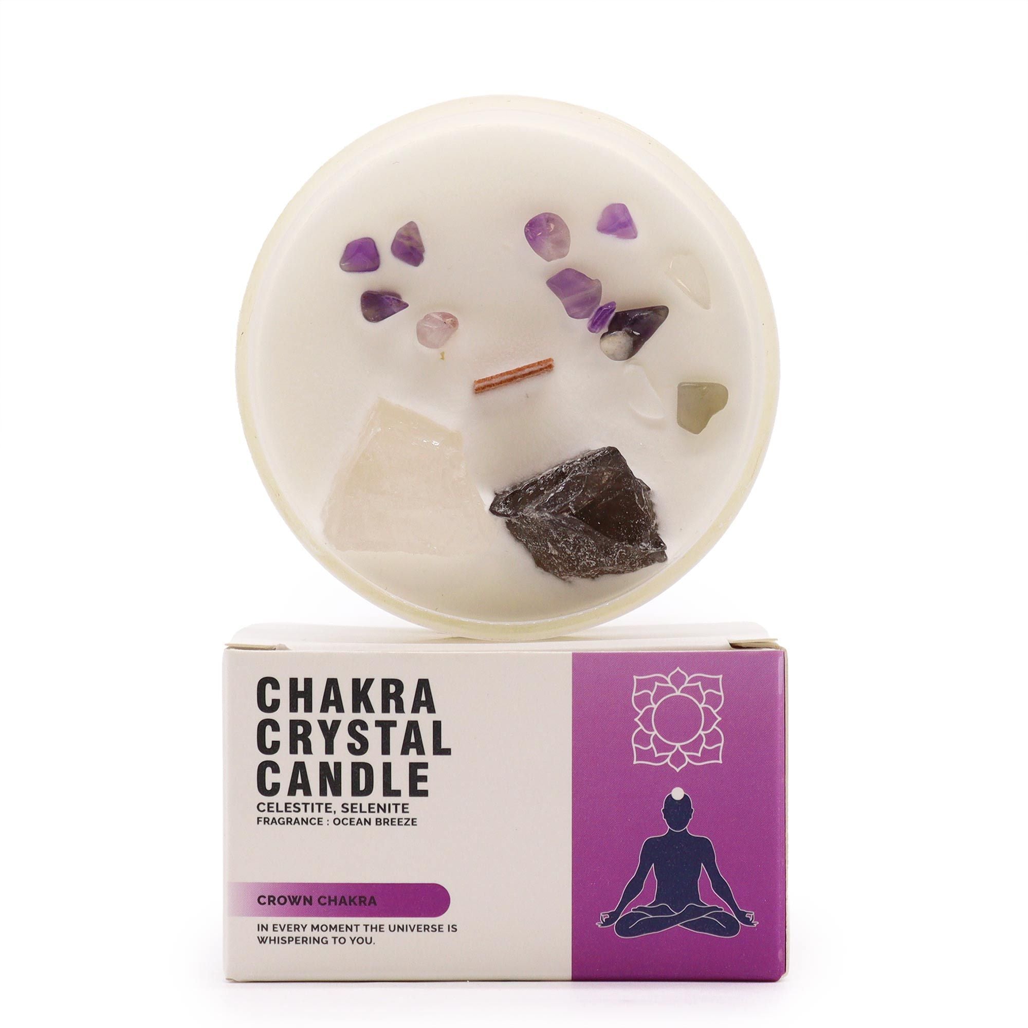 bougie energetique chakra couronne avec pierres naturelles