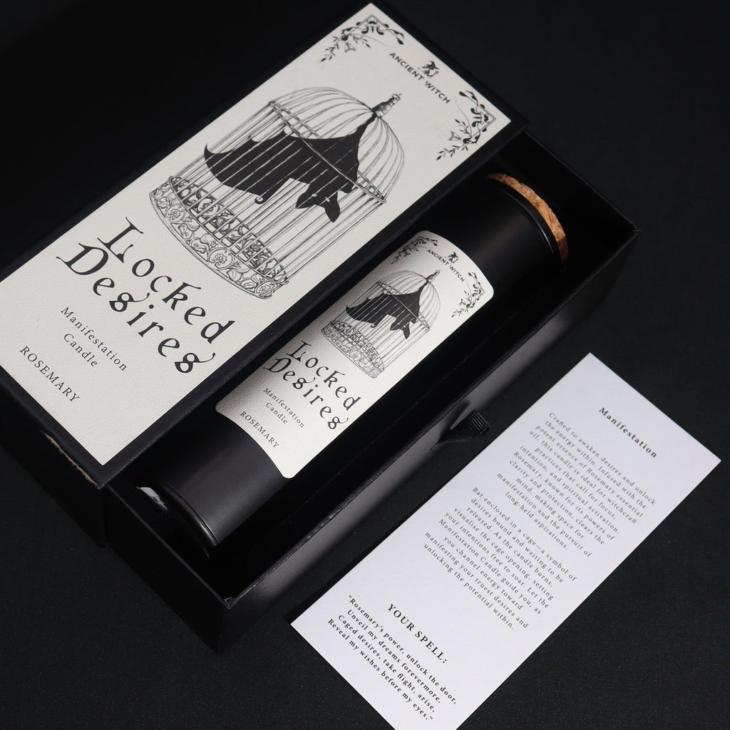 Bougie rituelle Locked Desires avec coffret premium et carte de rituel vue en angle