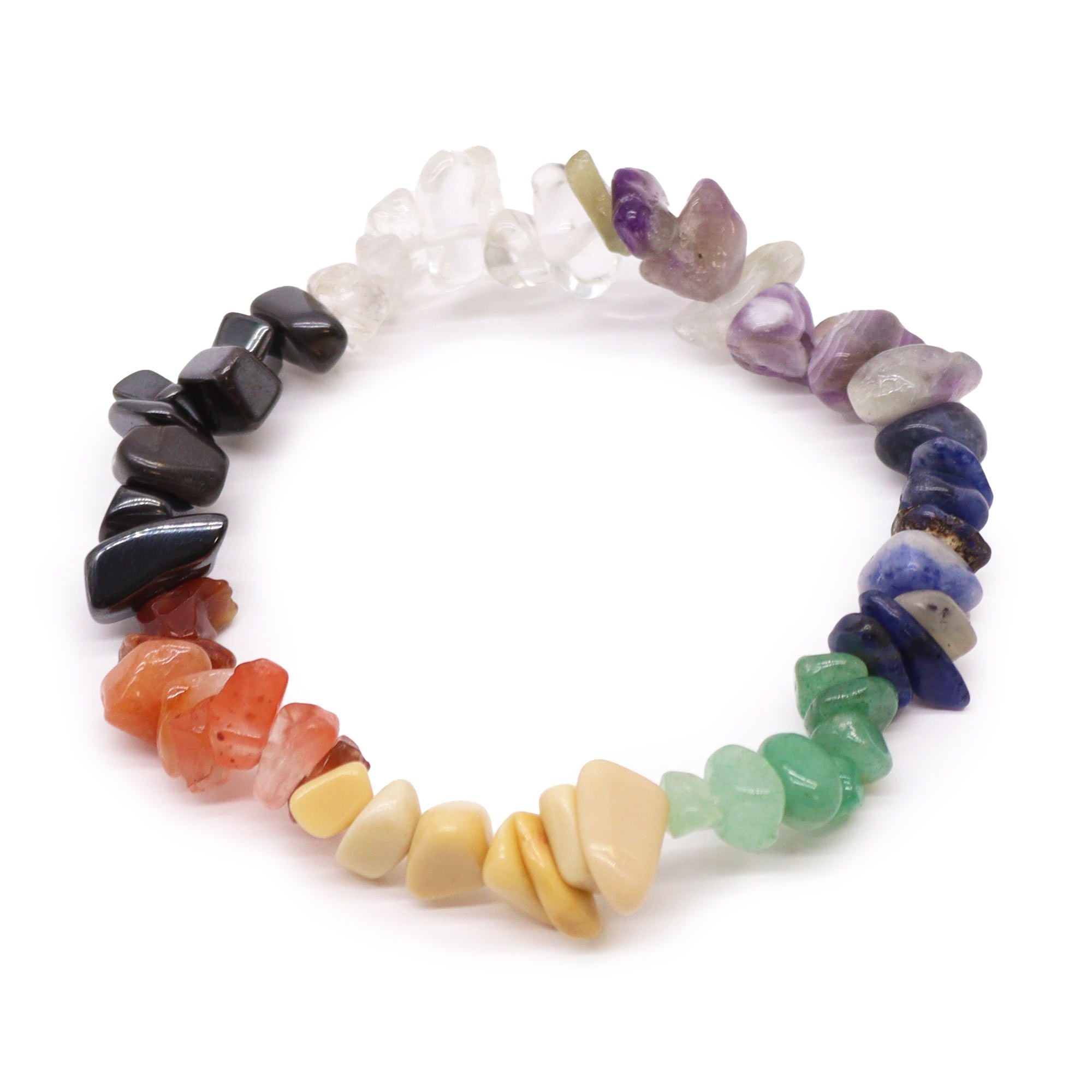 Bracelet en pierres naturelles d'améthyste, quartz, sodalite, aventurine, hématite et cornaline, chacune liée à l'un des 7 chakras