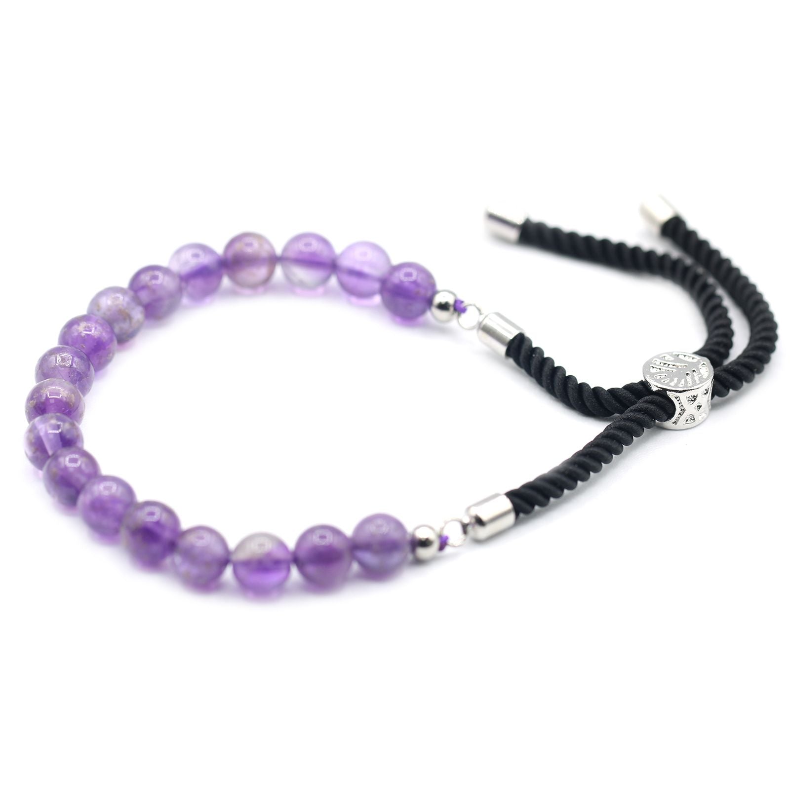 Bracelet en pierre naturelle améthyste ajustable avec cordon noir et perles violettes