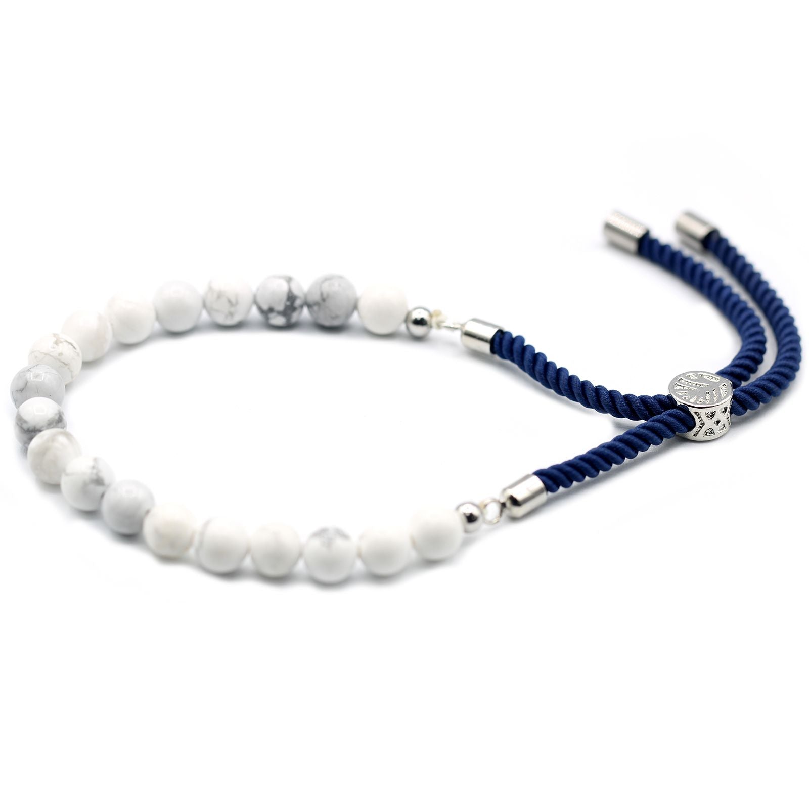 Bracelet en pierre naturelle howlite blanche ajustable avec cordon marine et perles blanche