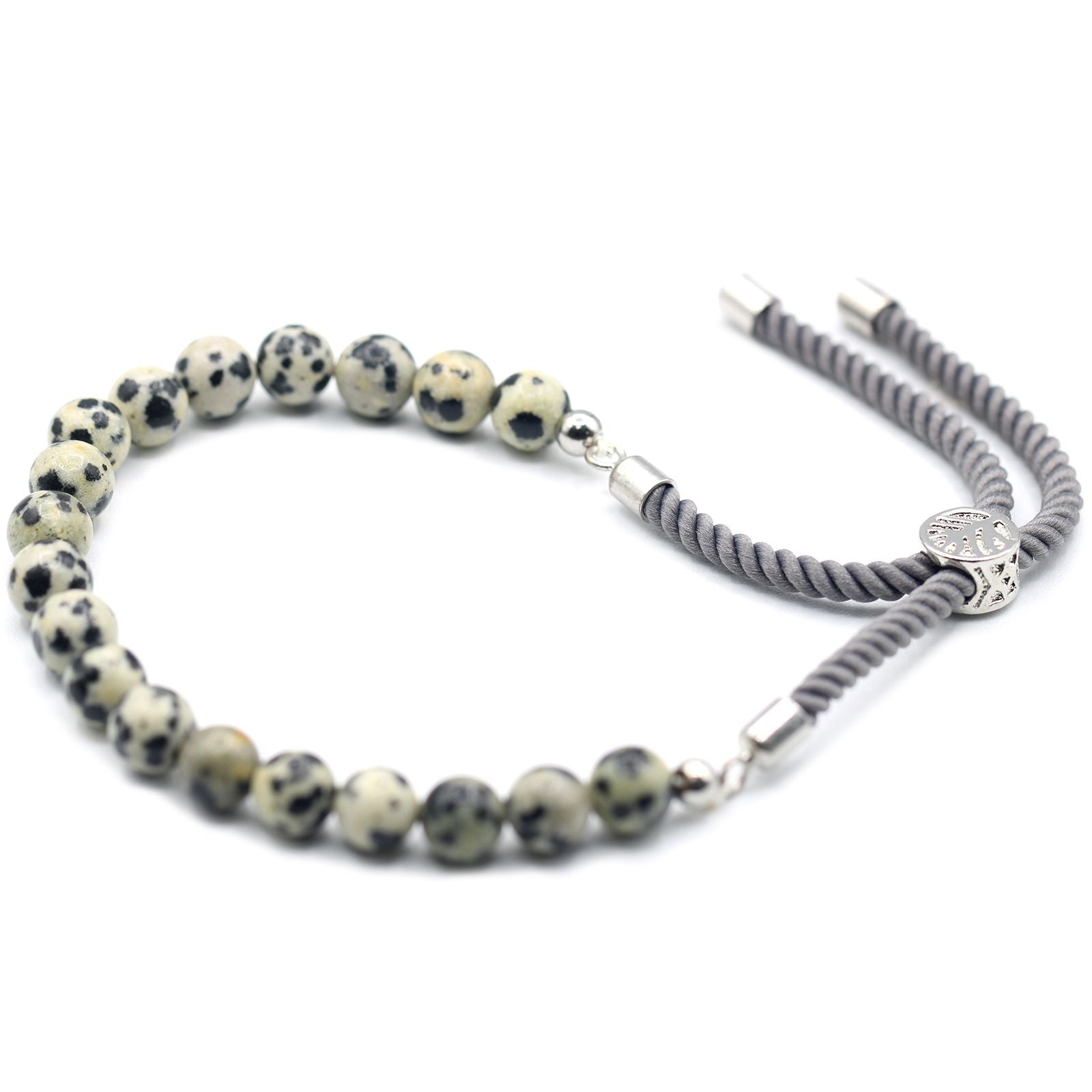 Bracelet en pierre naturelle jaspe dalmatien ajustable avec cordon gris et perles noir et blanche
