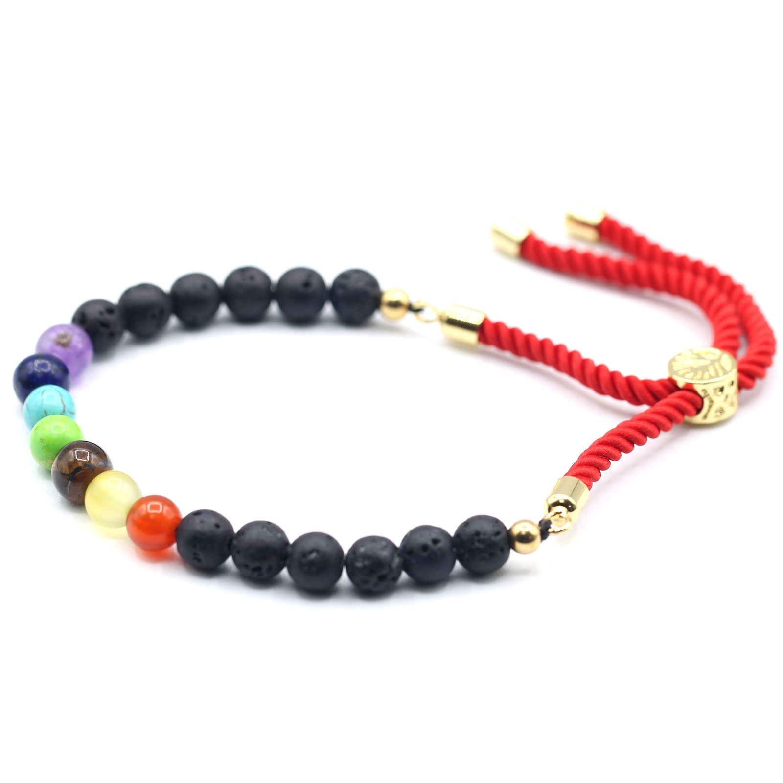 Bracelet en pierre naturelle de lave et cjhakrase ajustable avec cordon rouge et perles noir et couleurs 7 chakras