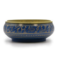 Brûleur d’encens au charbon en laiton couleur bleu et or, design chakra 3ème oeil, vue de face, accessoire rituel spirituel My Essencya