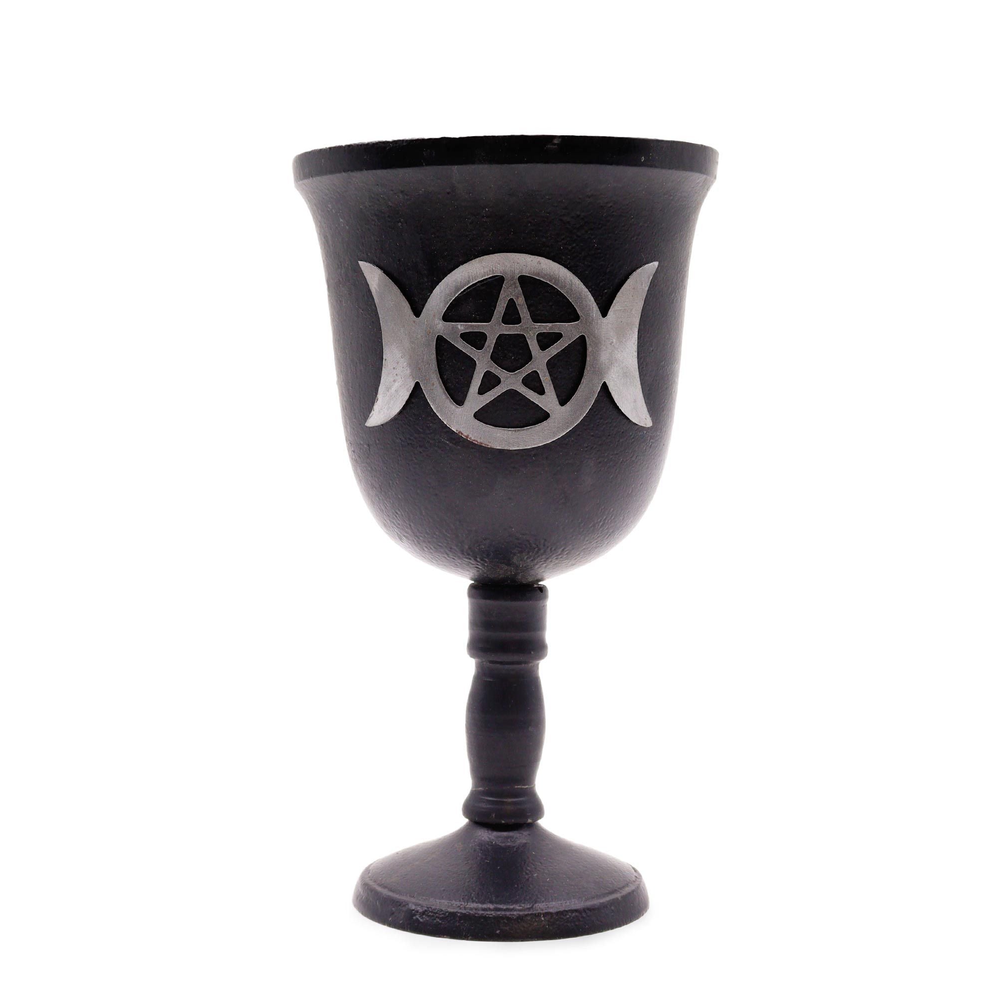 Calice rituel en fer avec symbole triple lune, idéal pour les rituels liés à l’énergie féminine, aux cycles lunaires et à l’intuition