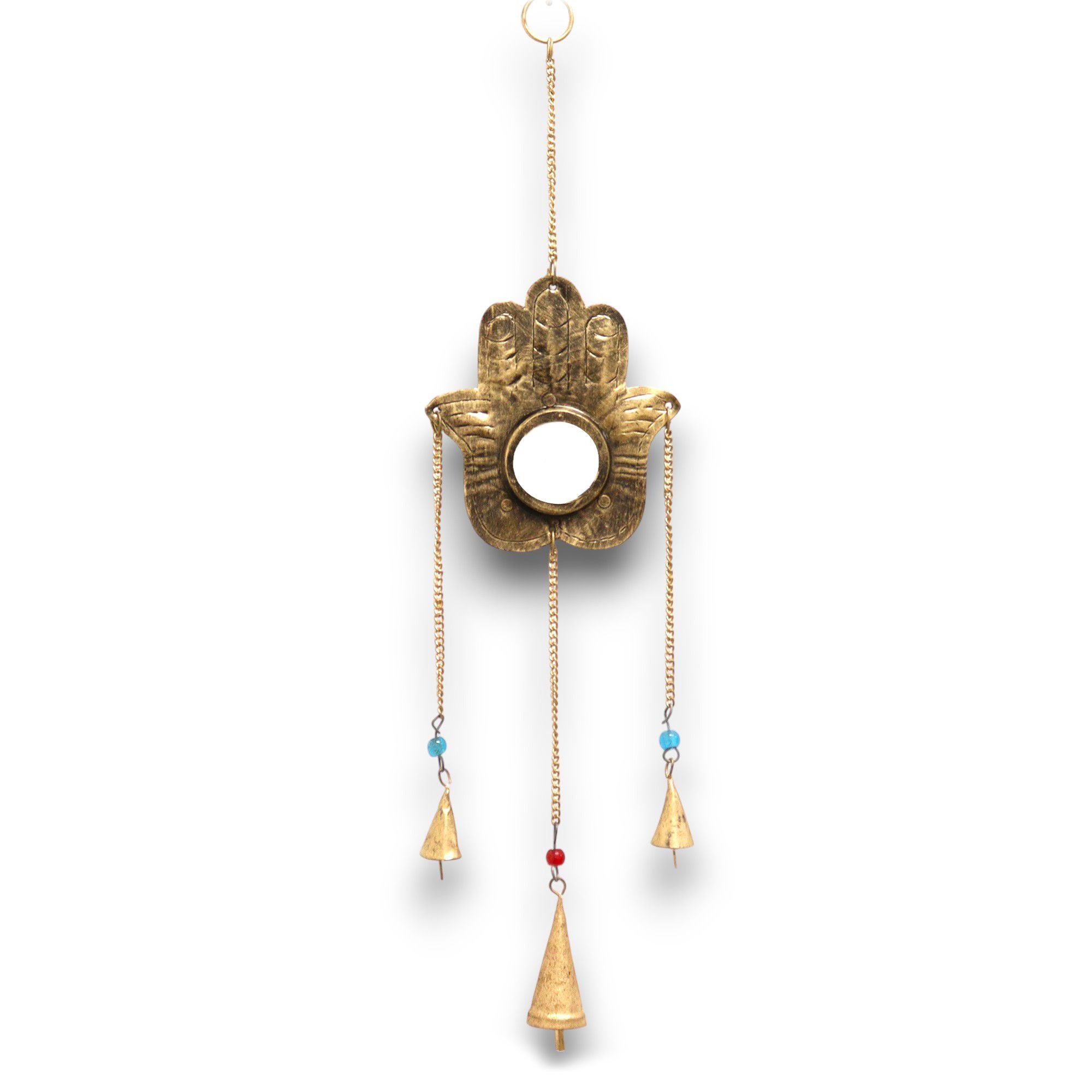 Carillon Hamsa en métal avec miroir et clochettes, symbole de protection et d’énergie positive
