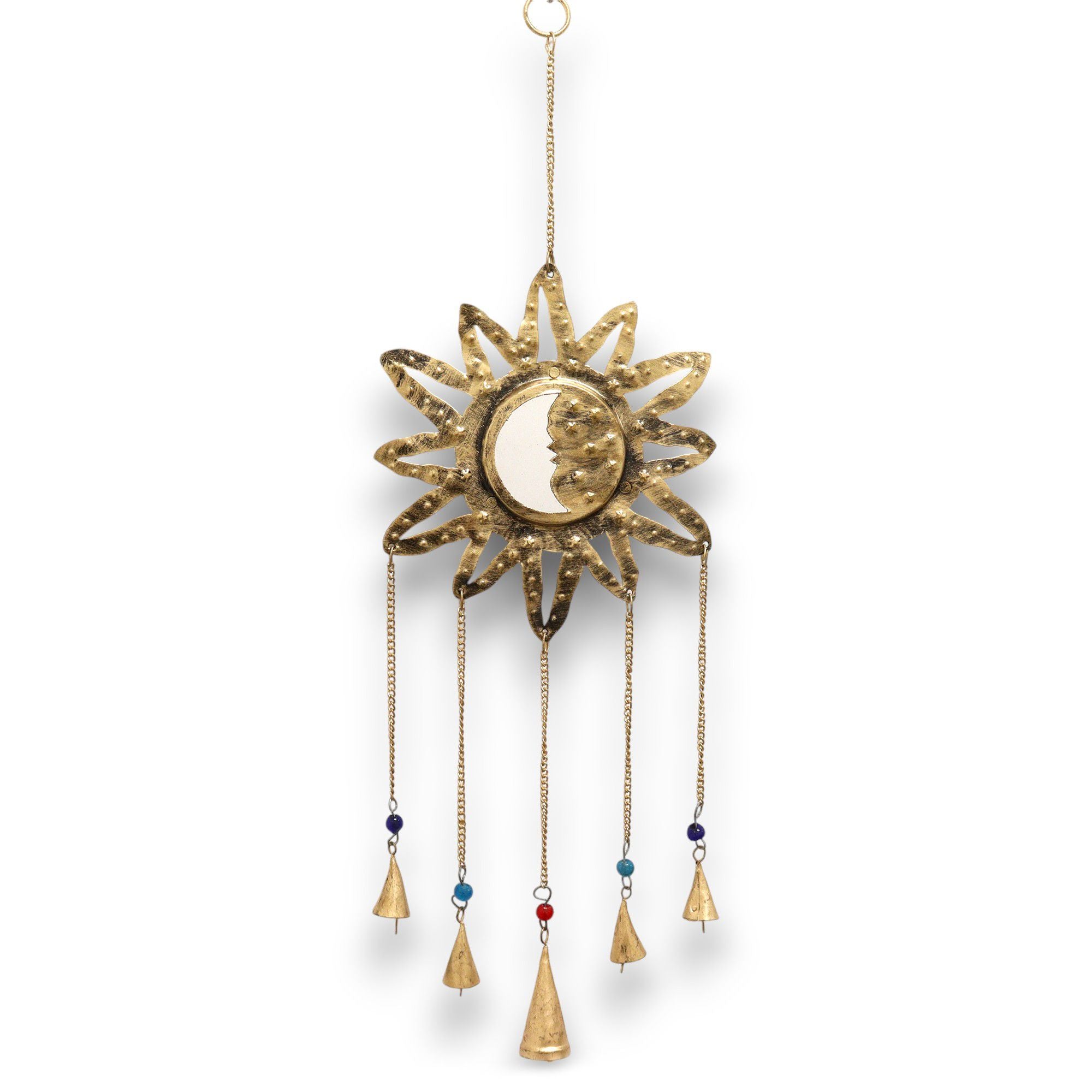 Carillon soleil et lune en métal avec clochettes, symbole d’équilibre et d’harmonie des énergies