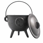 Chaudron en fonte pentagramme avec couvercle ouvert, idéal pour brûler encens, herbes ou résines