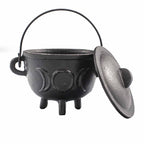 Chaudron en fonte triple lune avec couvercle ouvert, idéal pour brûler encens, herbes ou résines