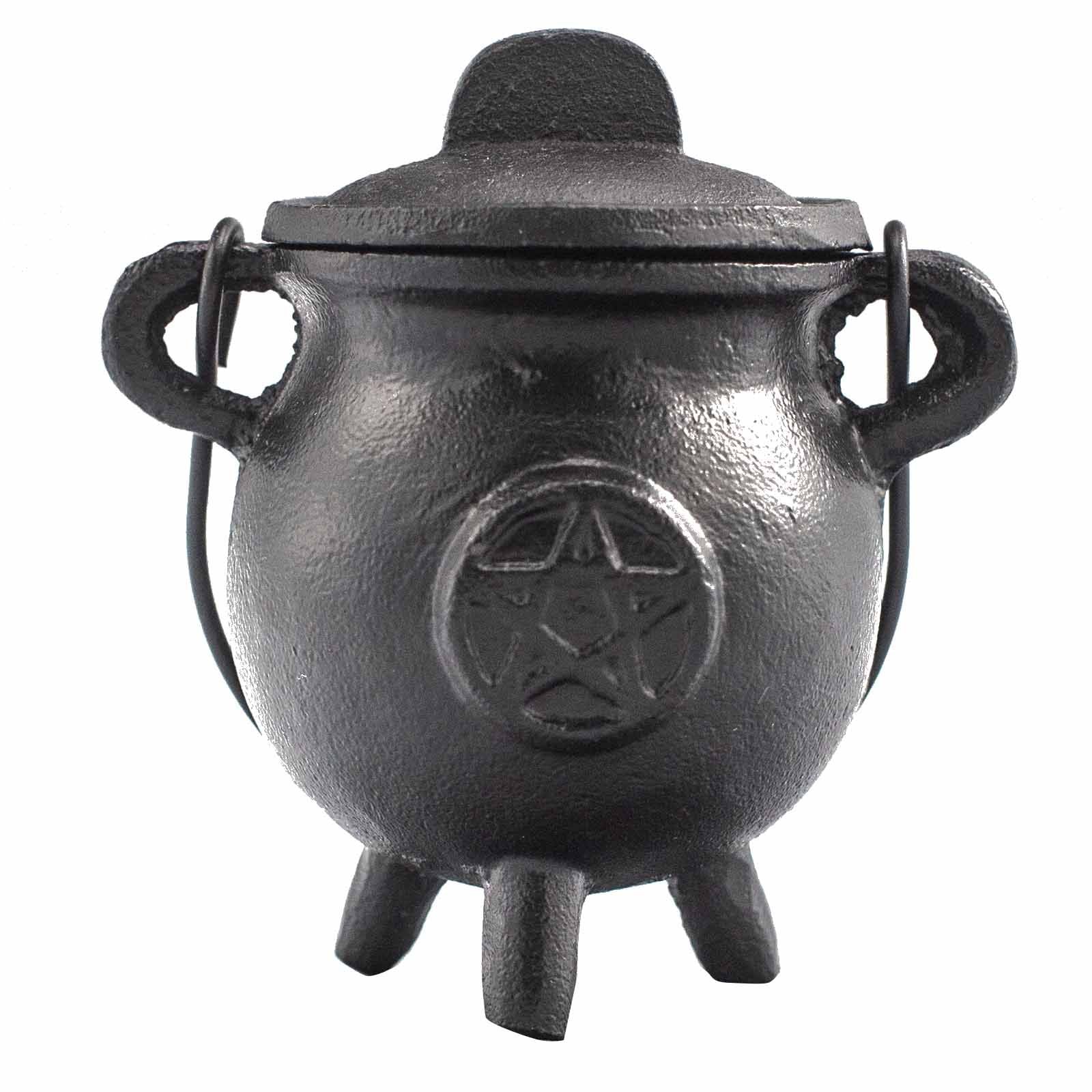 Chaudron rituel en fonte avec symbole pentagramme, utilisé pour intuition, harmonie et rituels lunaires