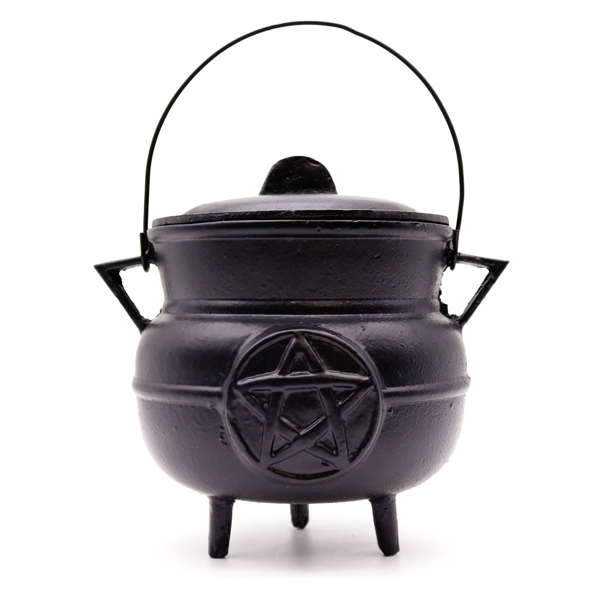 Grand chaudron rituel en fonte avec symbole pentagramme, utilisé pour rituels, fumigation et pratiques de protection énergétique