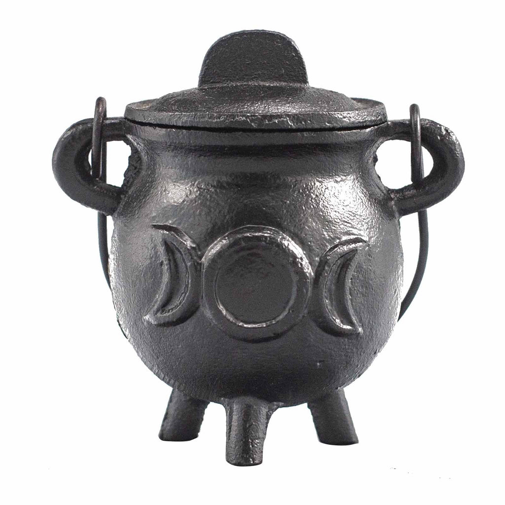 Chaudron rituel en fonte avec symbole triple lune, utilisé pour intuition, harmonie et rituels lunaires