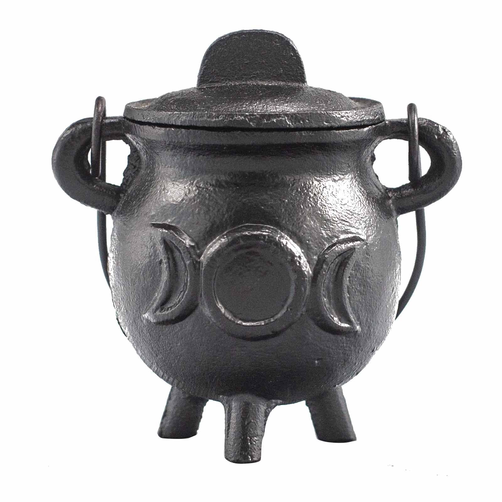Chaudron rituel en fonte avec symbole triple lune, utilisé pour intuition, harmonie et rituels lunaires