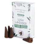 Boite de cones d encens backflow naturels senteur lavande avec cones marron poses devant packaging blanc vegetal