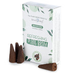 Boite de cones d encens backflow naturels senteur rafraichissant avec cones marron poses devant packaging blanc vegetal