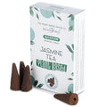 Boite de cones d encens backflow naturels senteur thé jasmin avec cones marron poses devant packaging blanc vegetal