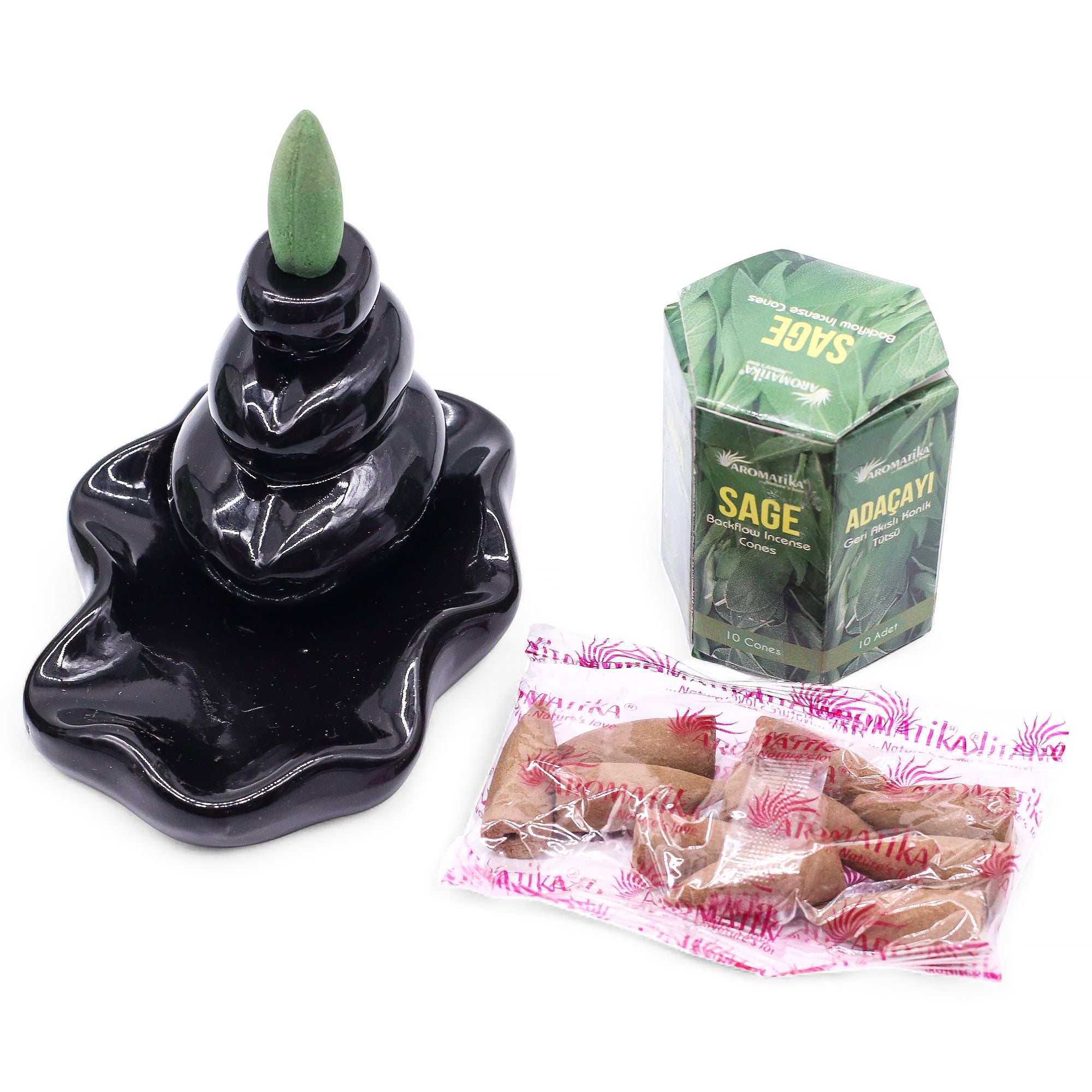 cônes d’encens backflow aromatika parfum sauge avec brûleur pour effet cascade de fumée