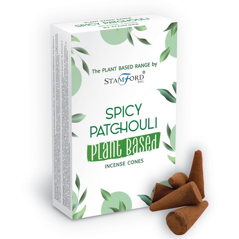 Boite de cones d encens classique naturels senteur patchouli épicé avec cones marron poses devant packaging blanc vegetal