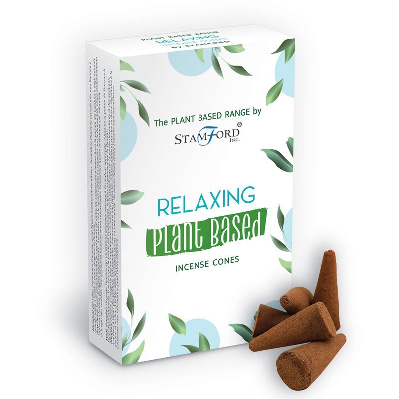 Boite de cones d encens classique naturels senteur relaxant avec cones marron poses devant packaging blanc vegetal