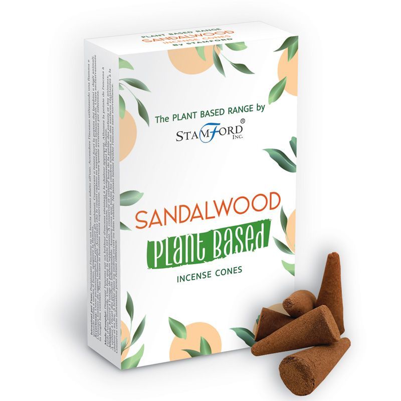 Boite de cones d encens classique naturels senteur santal avec cones marron poses devant packaging blanc vegetal