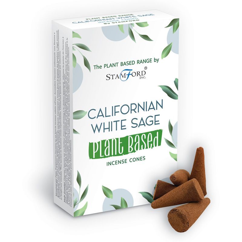 Boite de cones d encens classique naturels senteur sauge avec cones marron poses devant packaging blanc vegetal