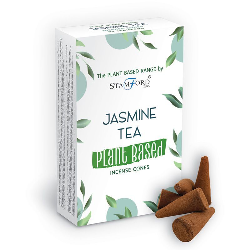 Boite de cones d encens classique naturels senteur thé jasmin avec cones marron poses devant packaging blanc vegetal