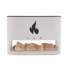 Diffuseur ultrasonique blanc avec compartiment sel de l'himalaya rose brut et icône flamme, fond blanc