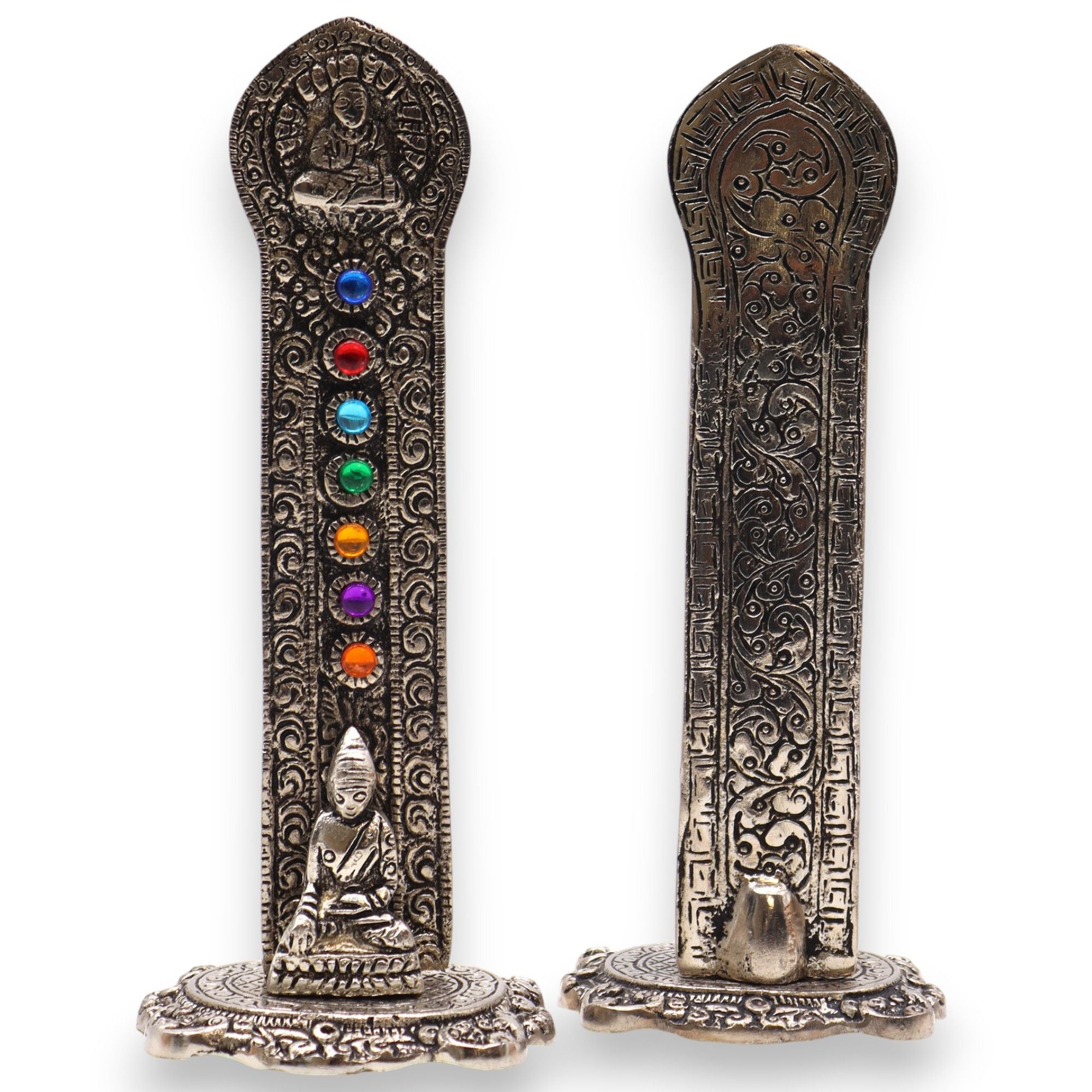 Vue avant et arrière du porte-encens Tour Bouddha 7 Chakras 16 cm, support artisanal pour rituels d’encens et décoration spirituelle.